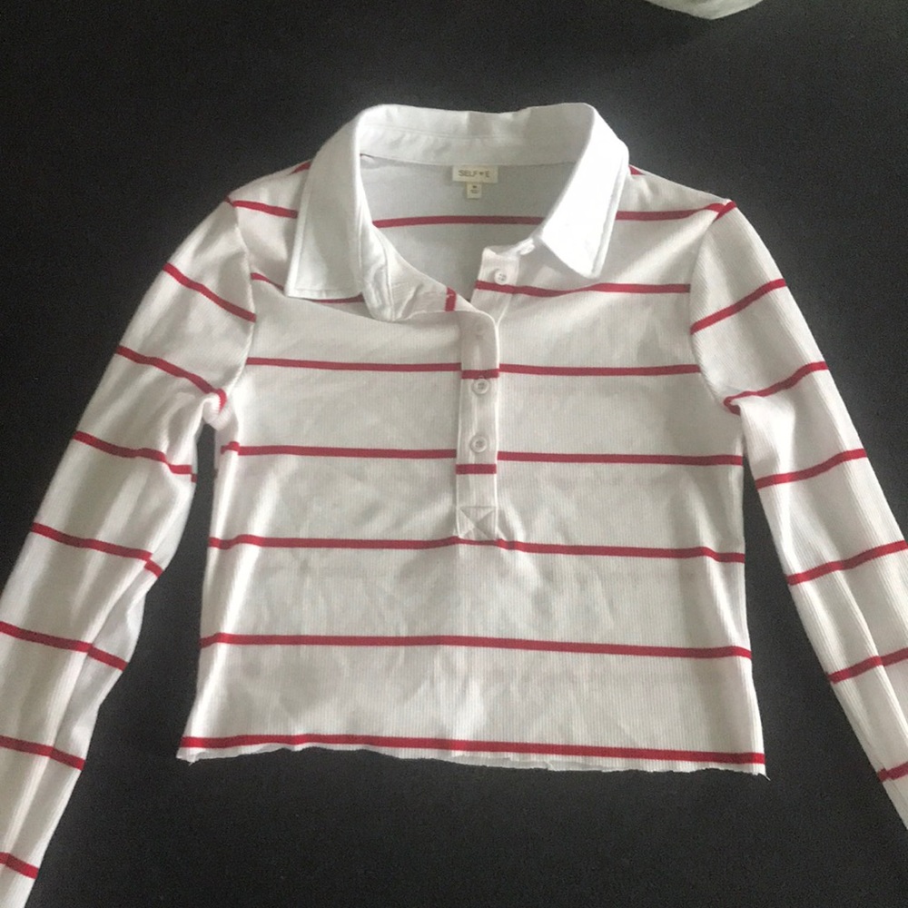 striped collared long sleeve crop top